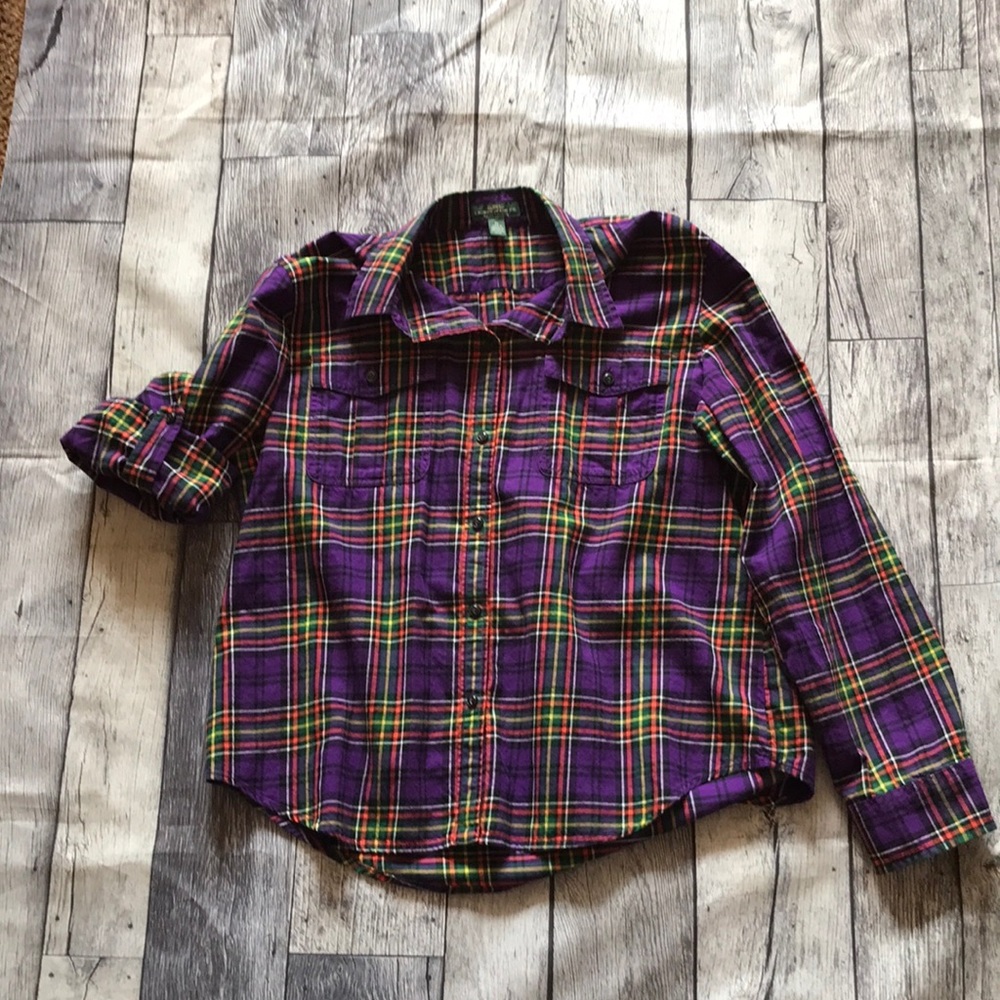 Ralph Lauren LRL Women's Medium Purple Plaid Button Roll Tab L/S Cotton Shirt